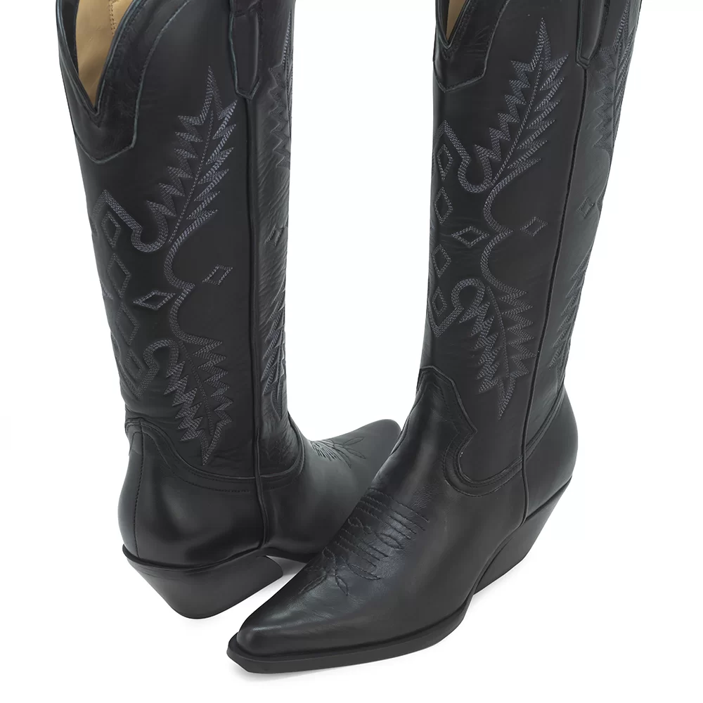 bota feminina, bota cowboy, bota western, bota cano alto, bota couro preto, bota com bordado